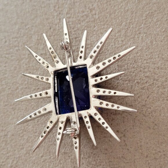 Vintage Silver Starburst Brooch Pin With Deep Blue Glass Gem & Clear Rhinestones - Picture 6 of 10